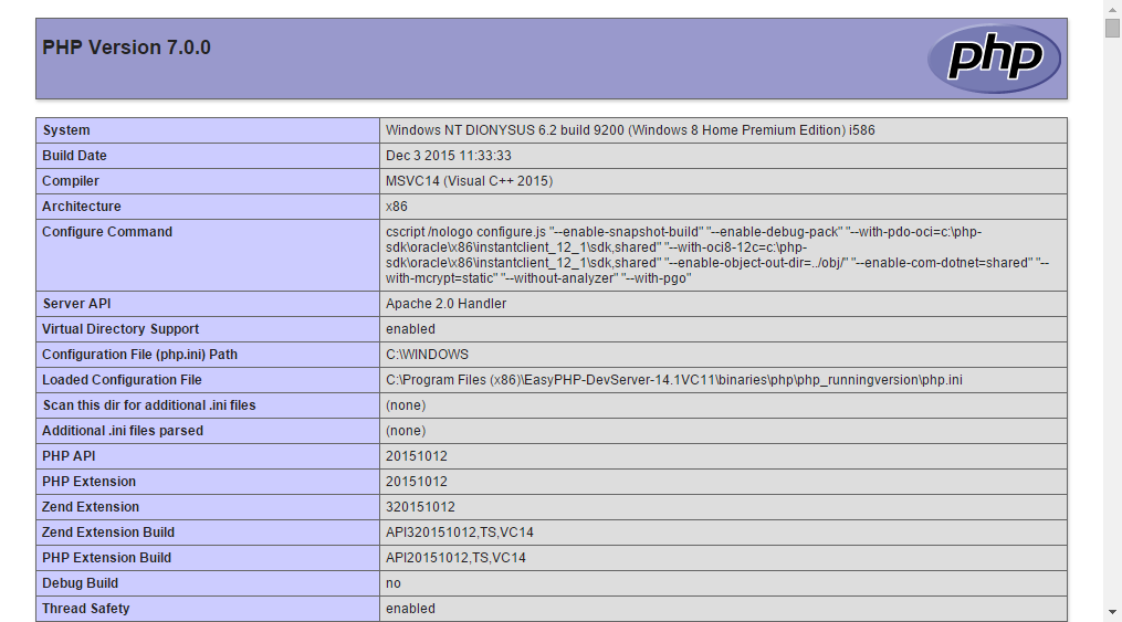 PHP 7.0.0 on EasyPHP DevServer 14.1 VC11