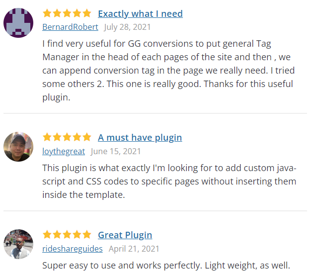 User reviews in Q2/Q3 of the 2021 on WordPress.org for Head & Footer Code plugin