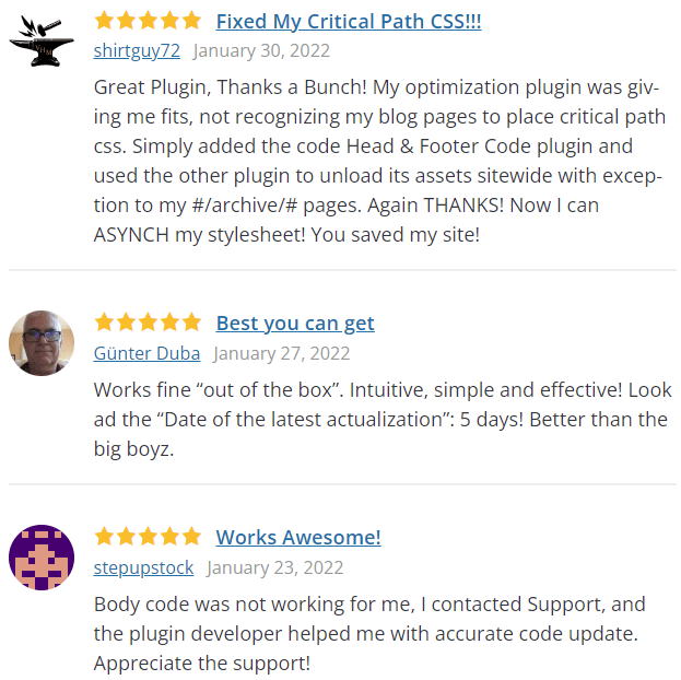 User reviews in January 2022 on WordPress.org for Head & Footer Code plugin
