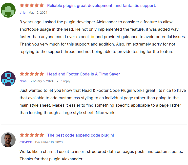 User reviews for Head & Footer Code in Q4 2023 and Q1/Q2 2024